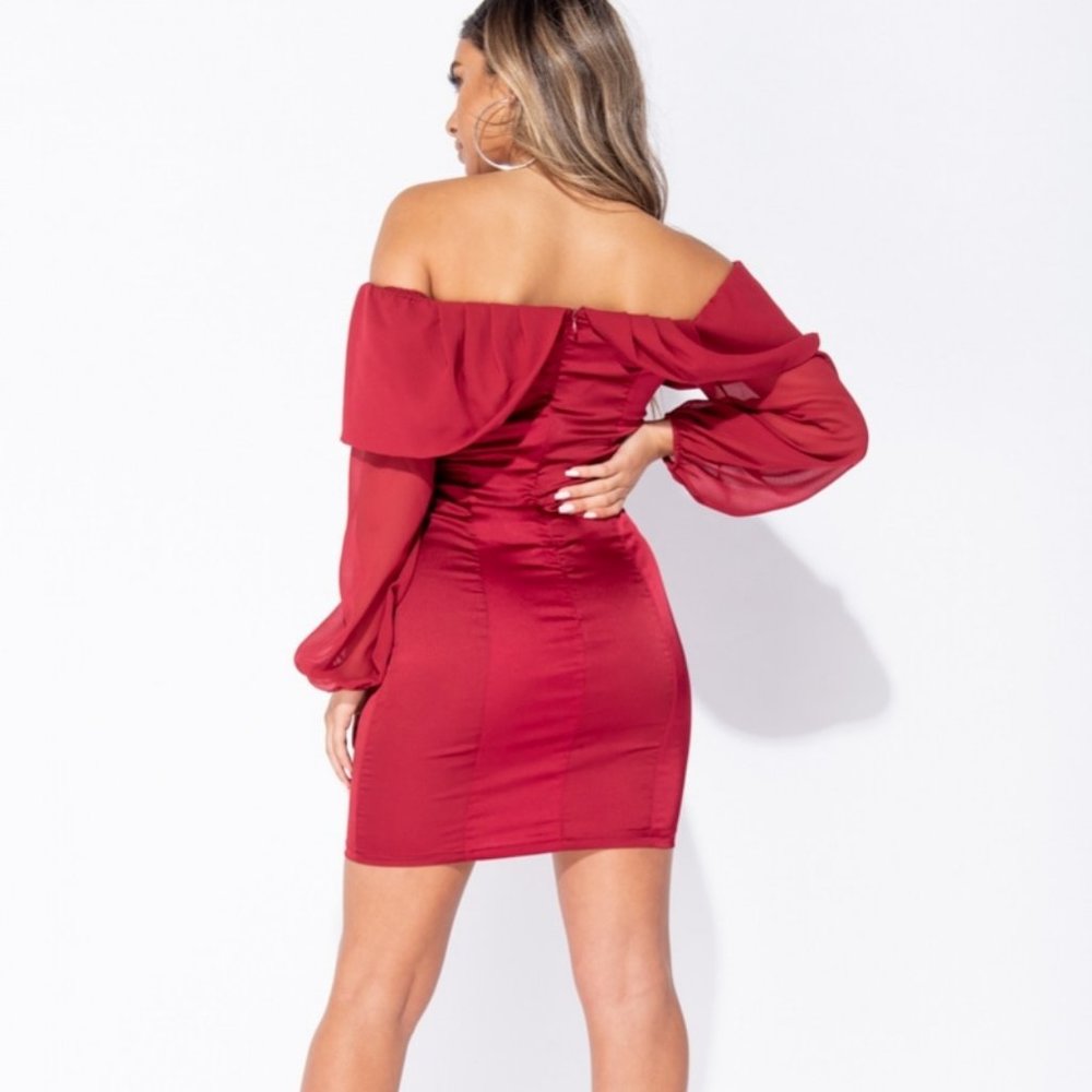 Burgundy Satin Silk Long Balloon Sleeve Off Shoulder Bodycon Mini Dress - Picture 4 of 8